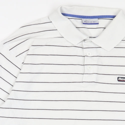 Reebok Mens White Striped Cotton Polo Size XL Collared Button