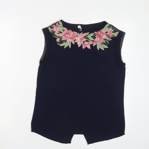 Oasis Womens Blue Floral Polyester Basic Tank Size 8 Boat Neck - Embroidered