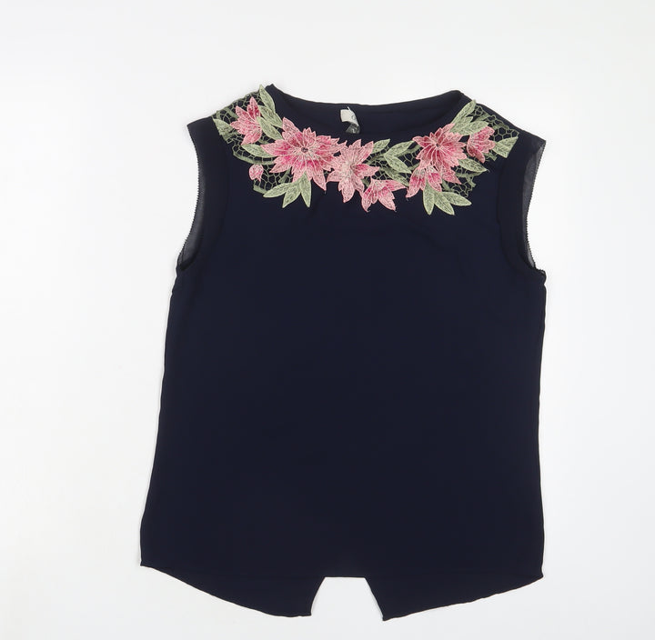 Oasis Womens Blue Floral Polyester Basic Tank Size 8 Boat Neck - Embroidered