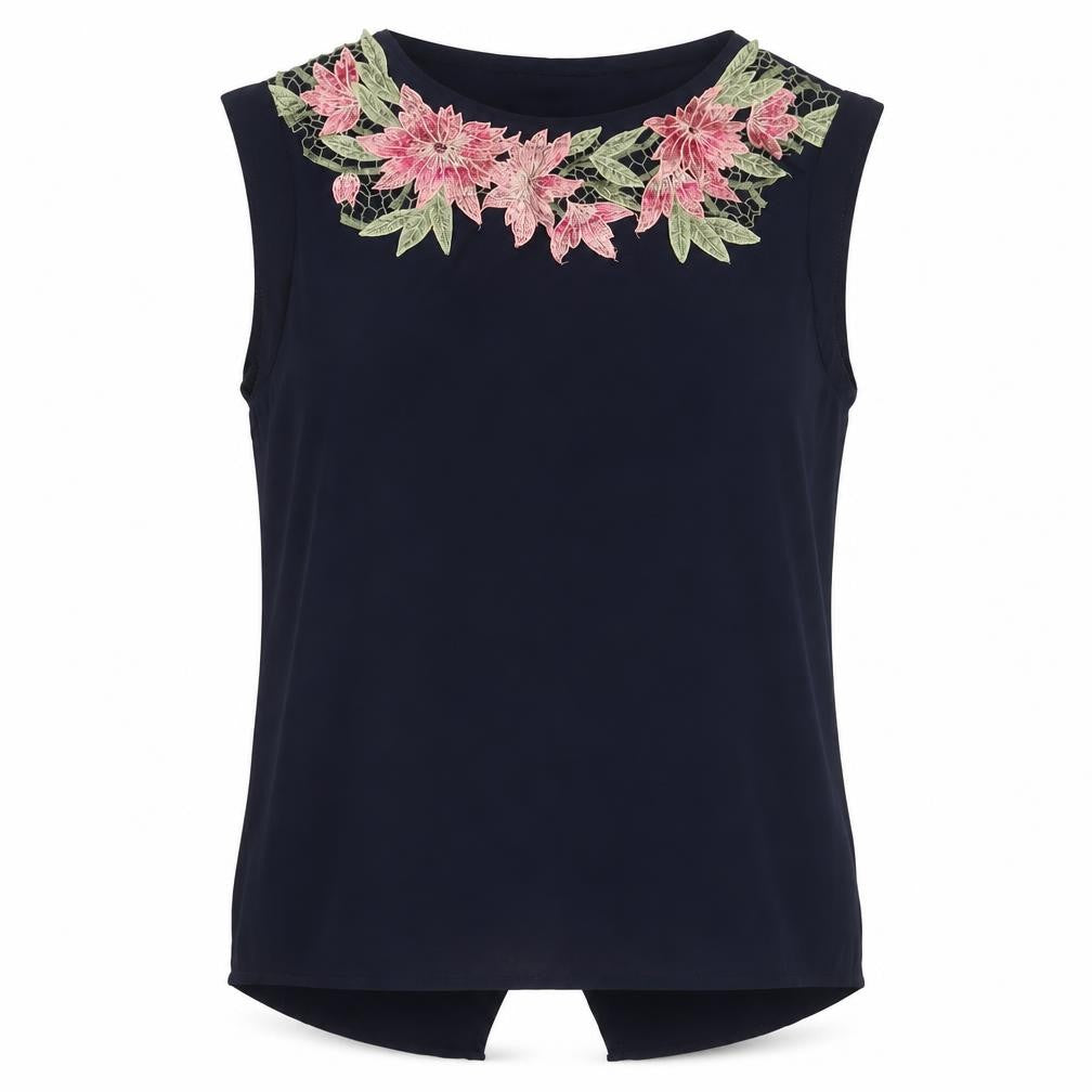 Front view of Oasis women’s blue floral polyester basic tank, size UK 8, boat neck - embroidered