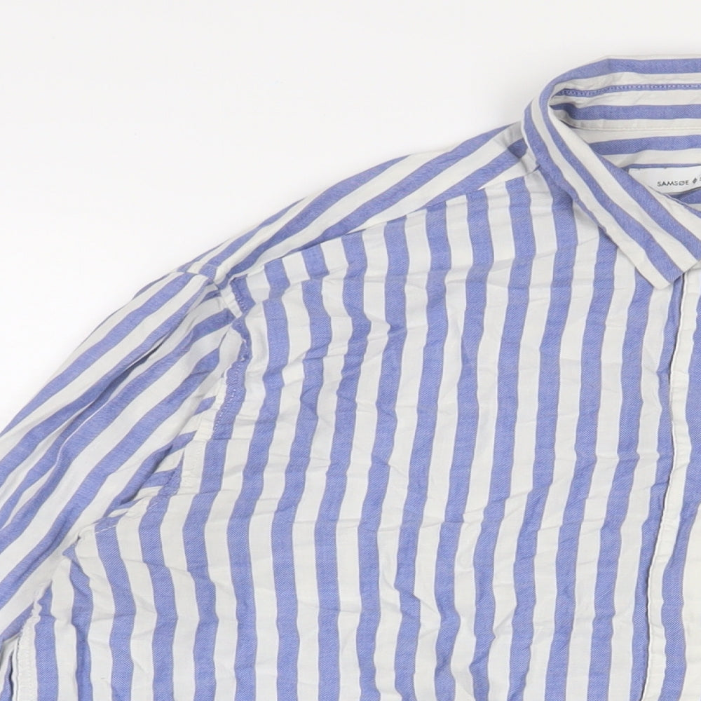 samsoe Womens Blue Striped Viscose Basic Button-Up Size L Collared