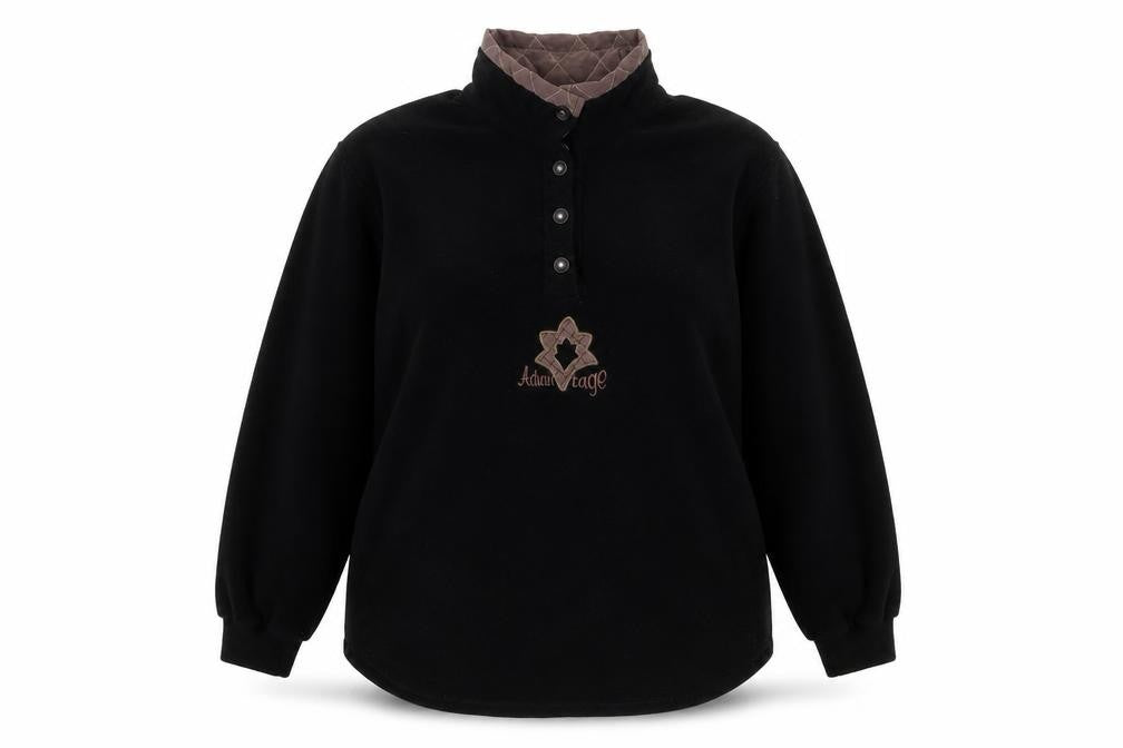 Front view of Advantage women’s black polyester pullover sweatshirt, size XL, snap - embroidered