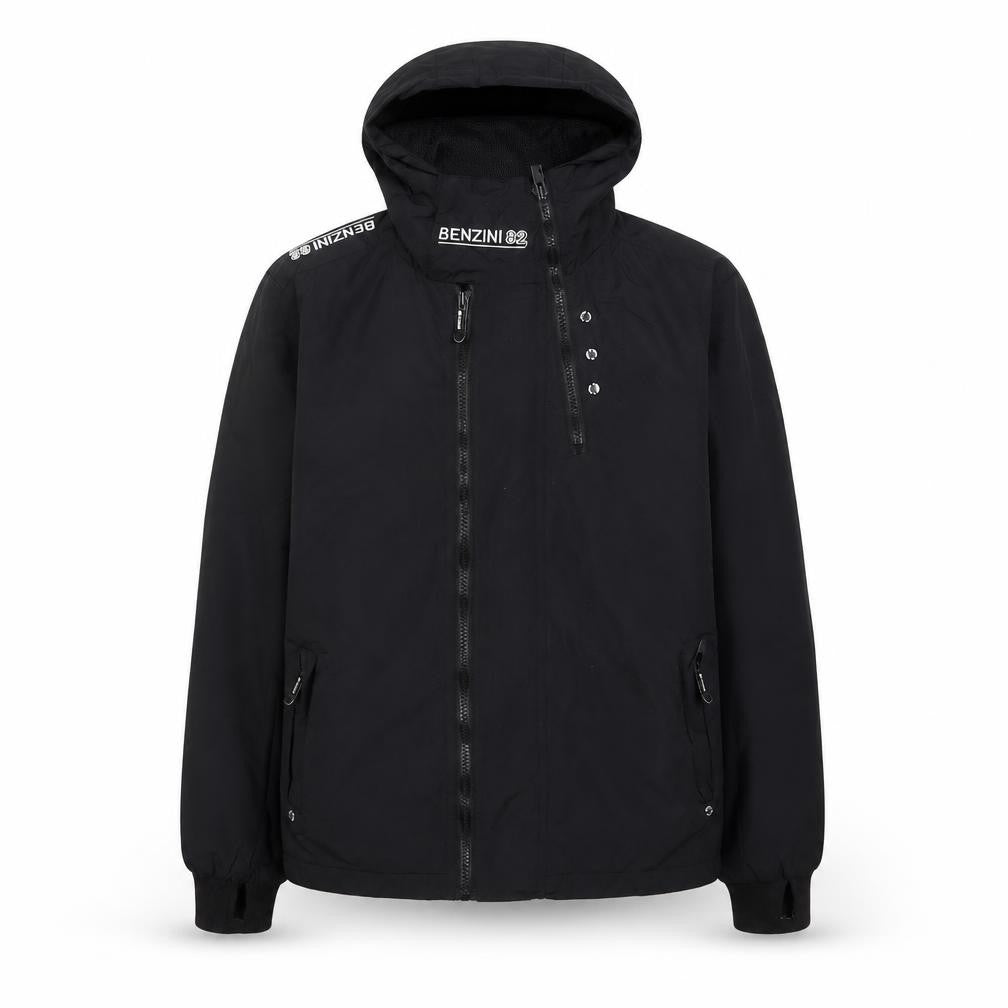 Front view of benzini boys’ black jacket coat, size 13-14, years zip - logo, embroidered