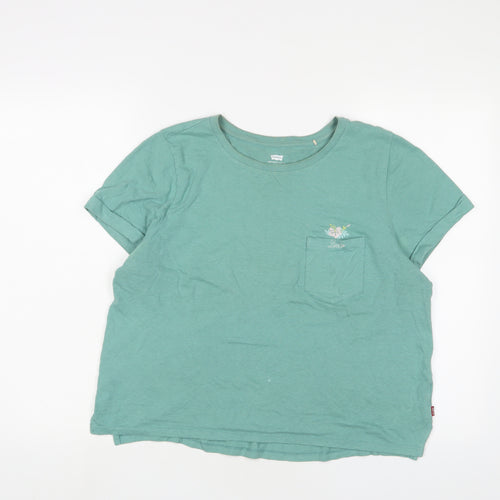Levi's Womens Green Cotton Cropped T-Shirt Size M Crew Neck - Logo, Embroidered
