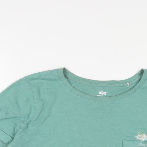 Levi's Womens Green Cotton Cropped T-Shirt Size M Crew Neck - Logo, Embroidered