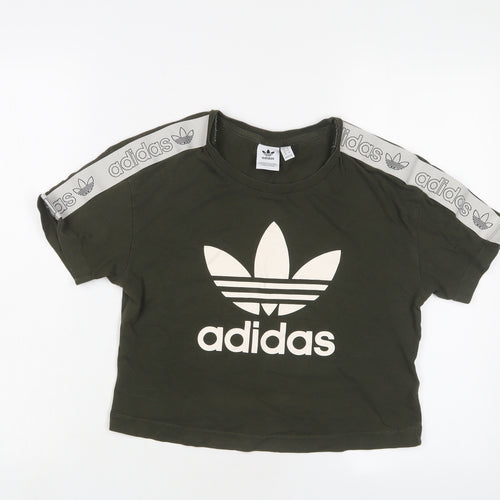 adidas Womens Green Cotton Cropped T-Shirt Size 8 Crew Neck - Logo