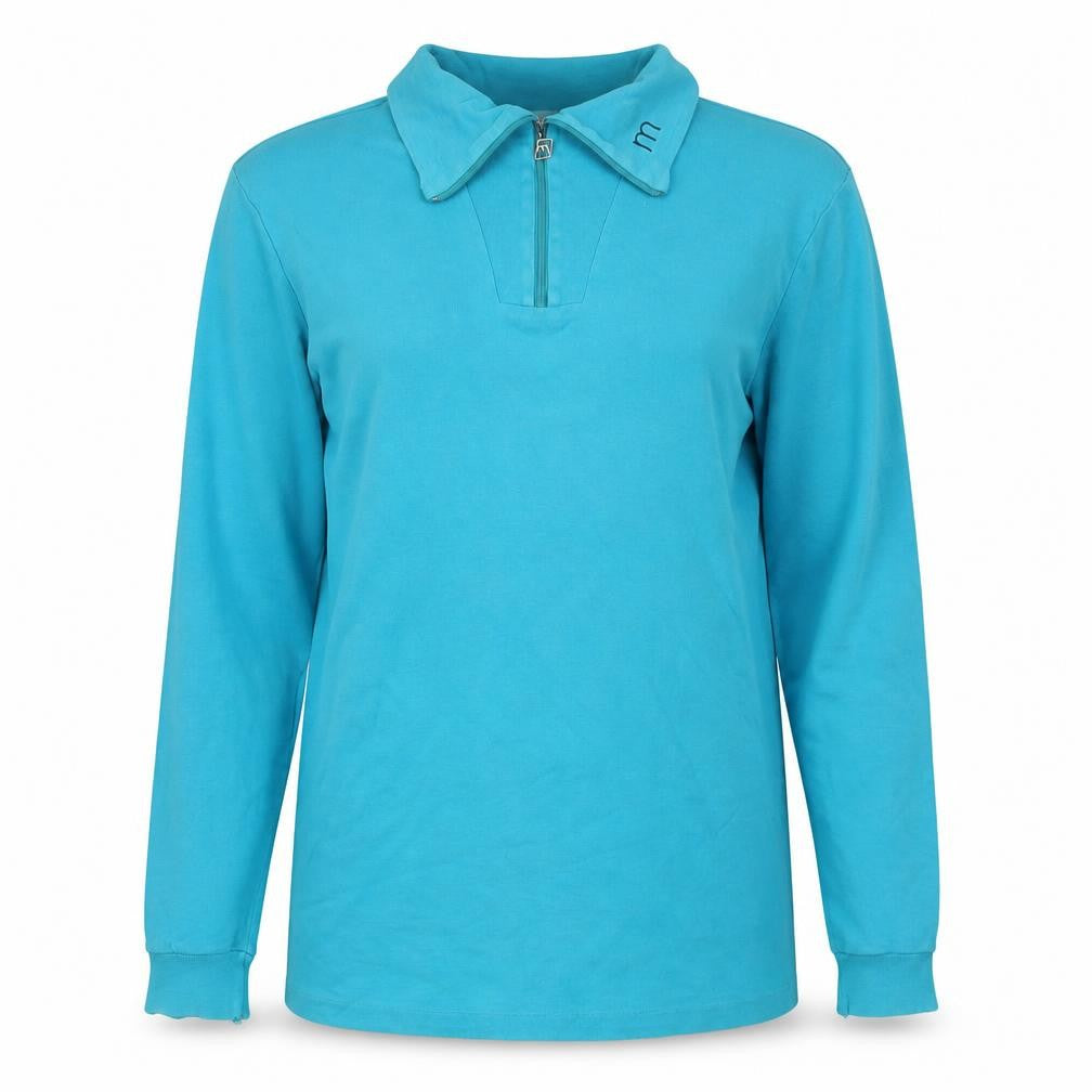 Front view of Maser women’s blue cotton pullover sweatshirt, size M, zip
