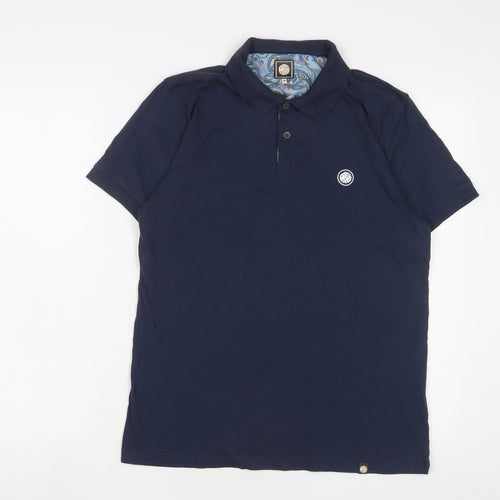 Pretty Green Mens Blue Cotton Polo Size M Collared Button - Logo, Embroidered