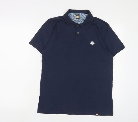 Pretty Green Mens Blue Cotton Polo Size M Collared Button - Logo, Embroidered