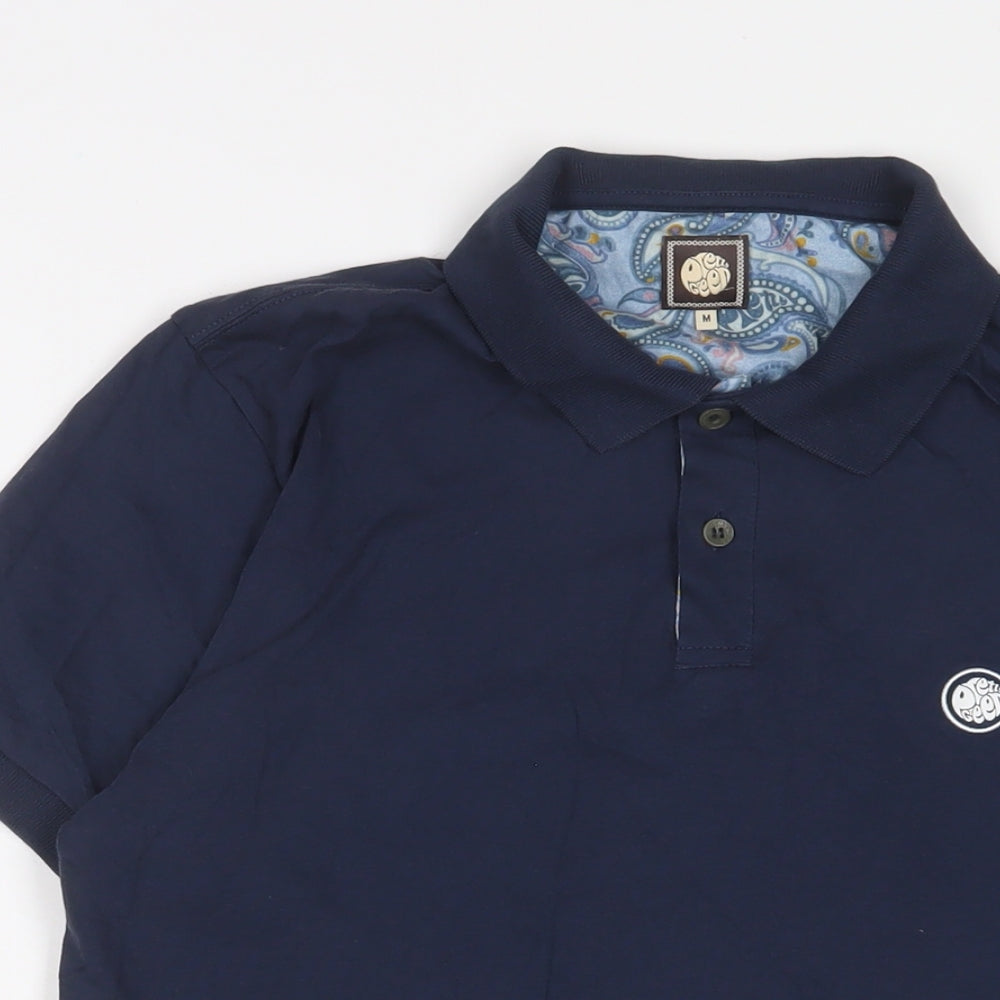 Pretty Green Mens Blue Cotton Polo Size M Collared Button - Logo, Embroidered