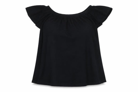 Front view of ASOS women’s black cotton basic blouse, size UK 12, off the shoulder