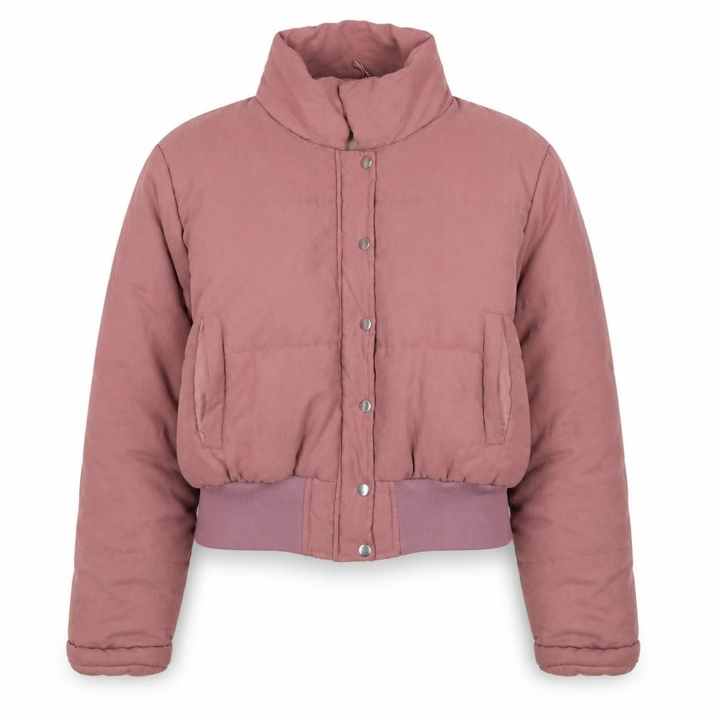 Front view of PRETTYLITTLETHING women’s pink quilted jacket, size UK 16, zip