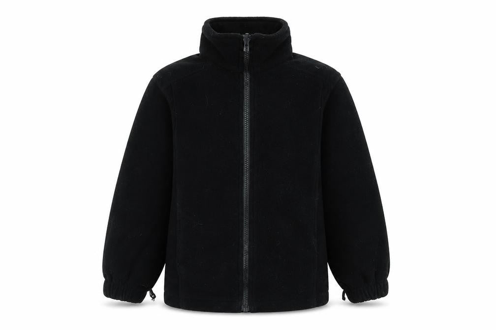 Front view of Keswick boys’ black mock neck polyester full zip jumper, size M, zip