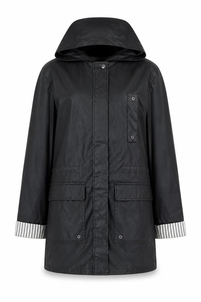 Front view of New Look women’s black rain coat coat, size UK 10, zip