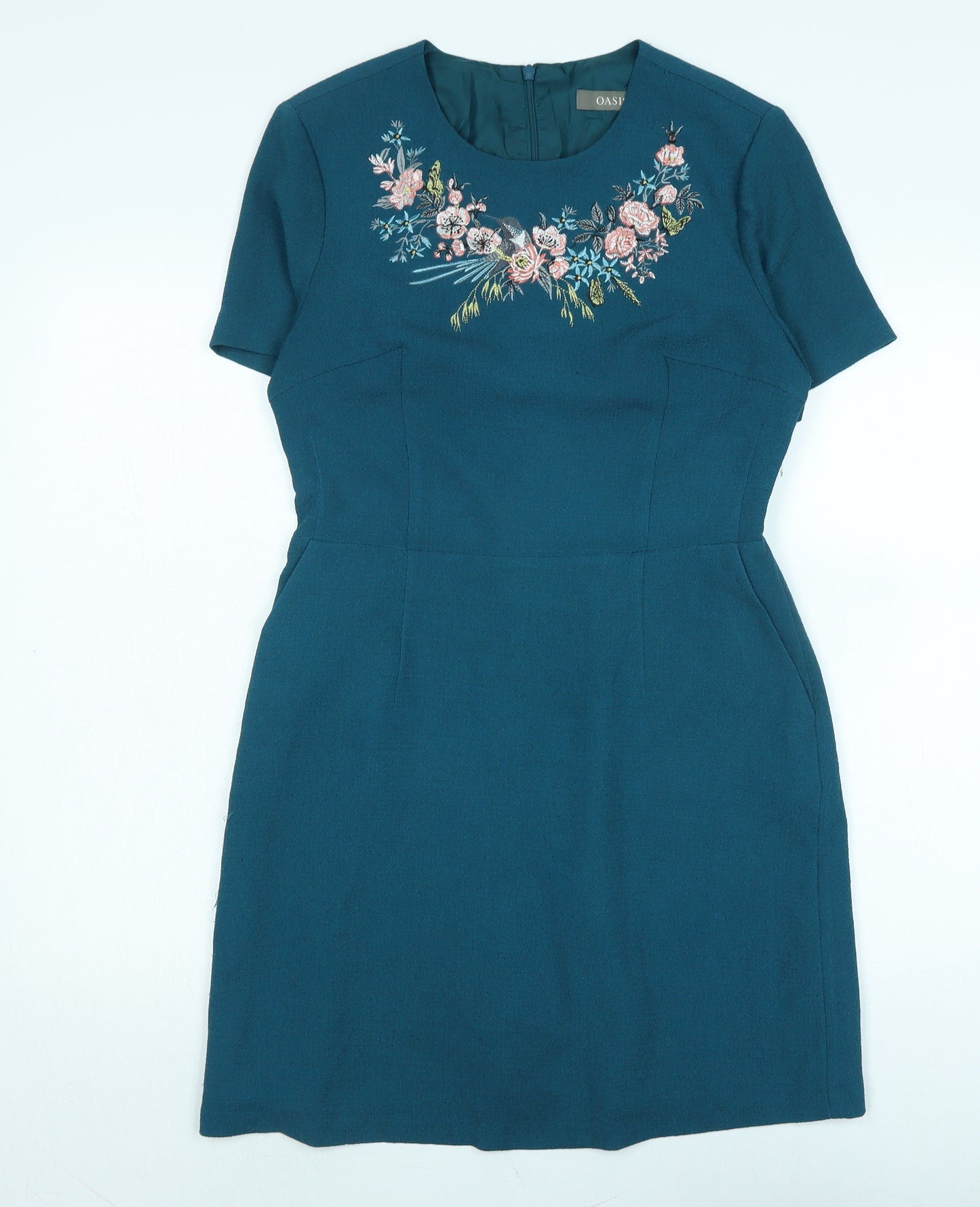 Oasis Womens Blue Polyester A-Line Size 10 Crew Neck Zip