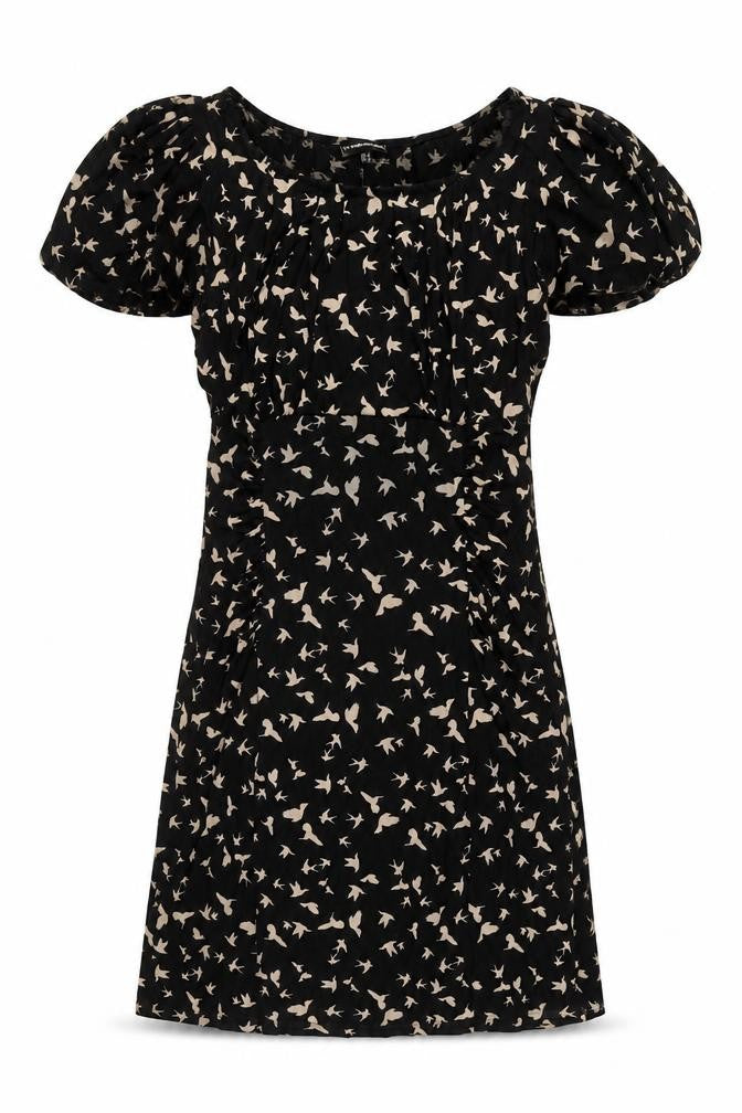 Front view of Warehouse Women's Black Puff Sleeve Shift Dress