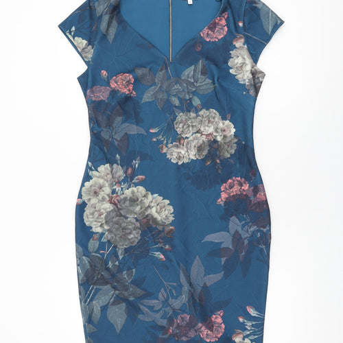 NEXT Womens Blue Floral Polyester Bodycon Size 14 V-Neck Zip