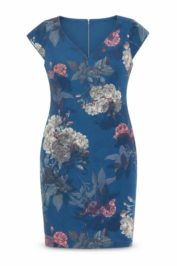 Front view of Next women’s blue floral polyester bodycon, size UK 14, v-neck zip