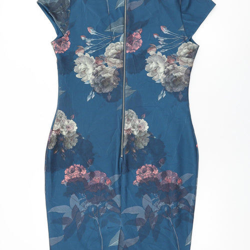 NEXT Womens Blue Floral Polyester Bodycon Size 14 V-Neck Zip