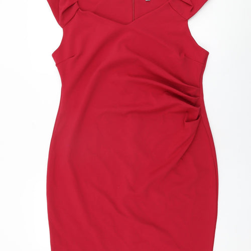 Dorothy Perkins Womens Red Polyester Bodycon Size 18 V-Neck Zip