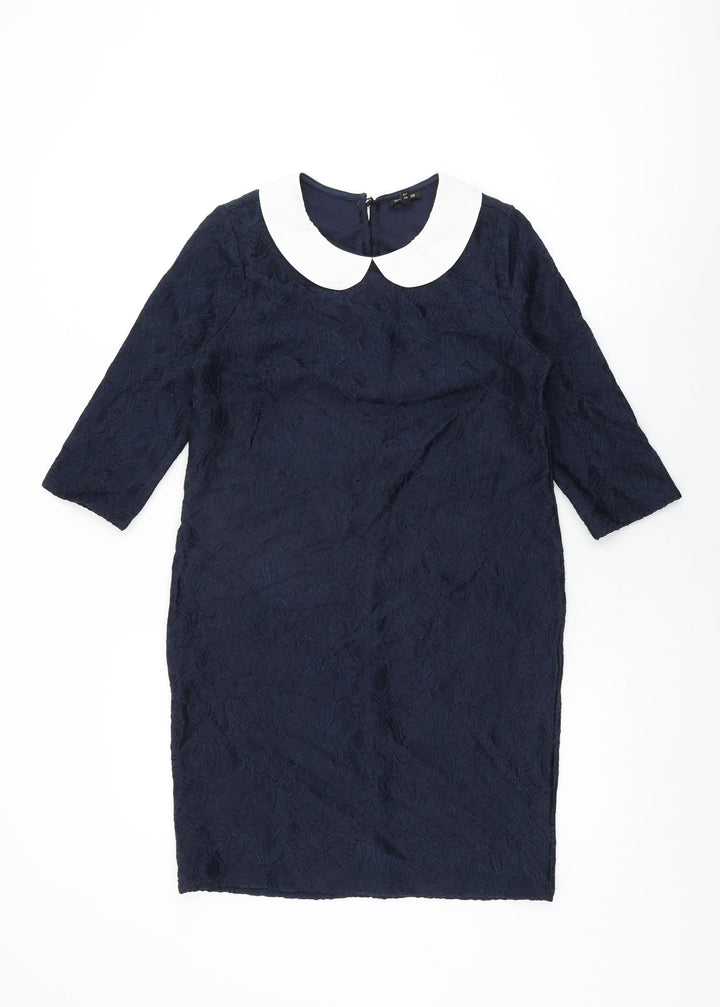 River Island Womens Blue Floral Polyester Shift Size 10 Collared Button