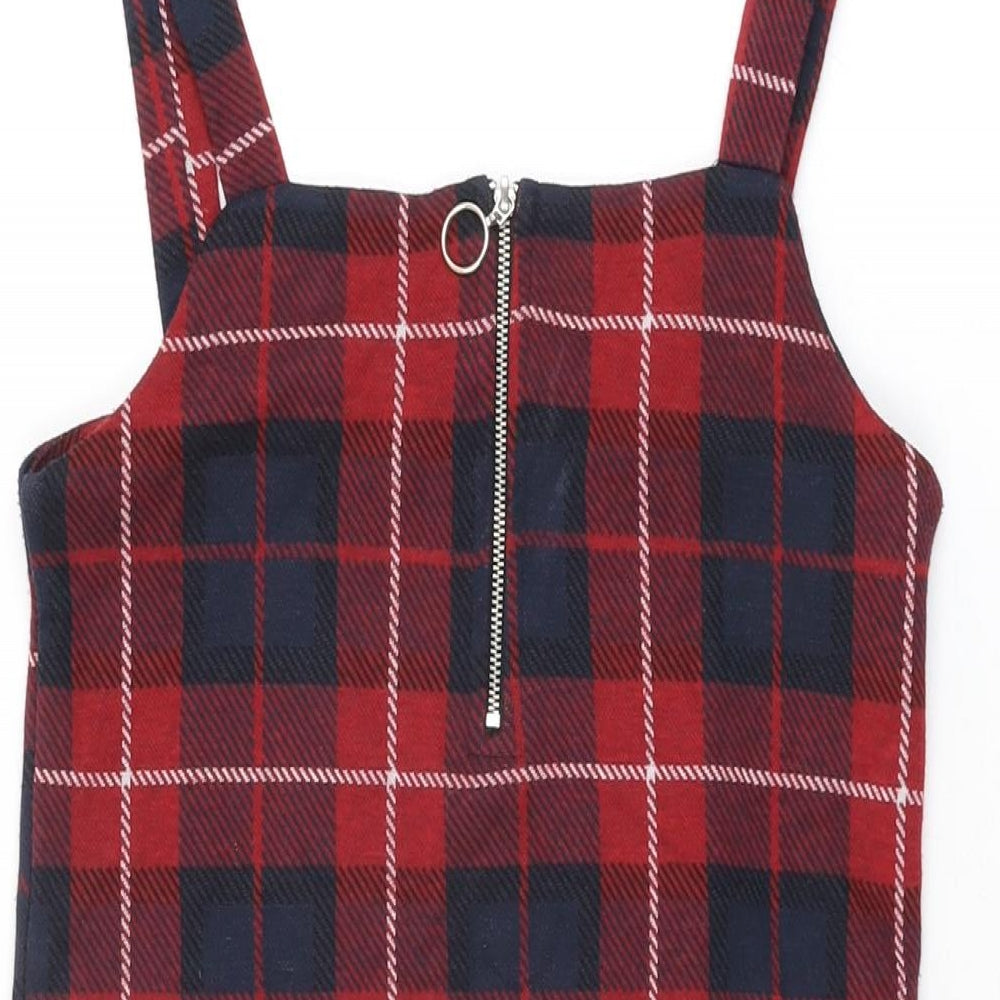 New Look Girls Red Plaid Polyester Shift Size 14-15 Years Square Neck Zip