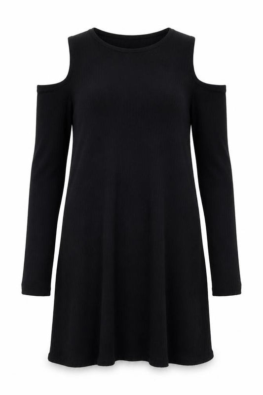 Front view of Boohoo women’s black polyester shift, size UK 10, round neck pullover