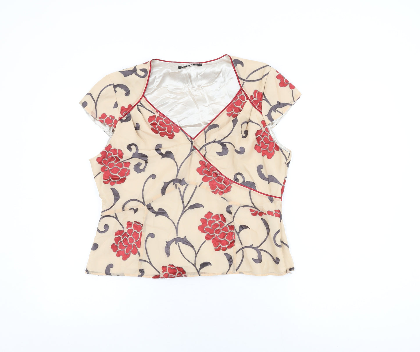 Jacques Vert Womens Beige Floral Viscose Basic T-Shirt Size 14 V-Neck