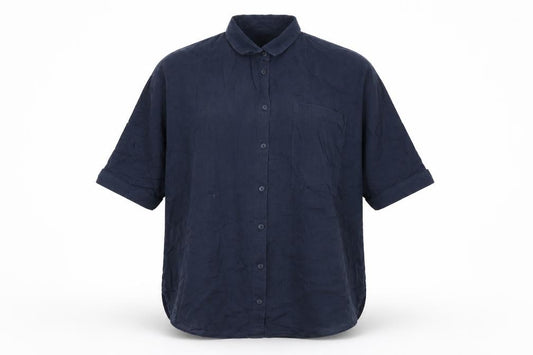 Front view of Per Una women’s blue lyocell basic button-up, size UK 12, collared