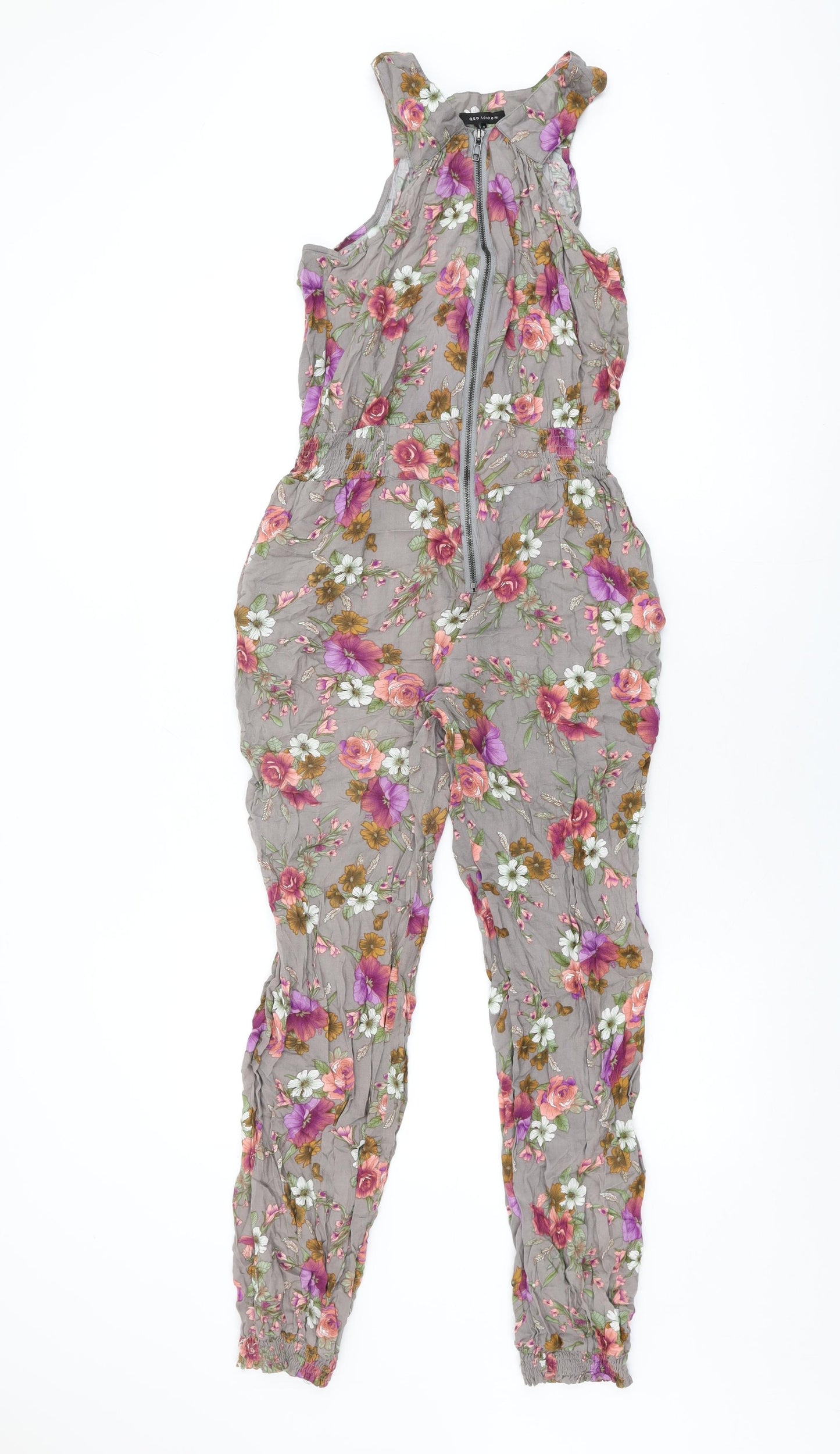 QED London Womens Grey Floral Viscose Jumpsuit One-Piece Size 12 L28 in Zip