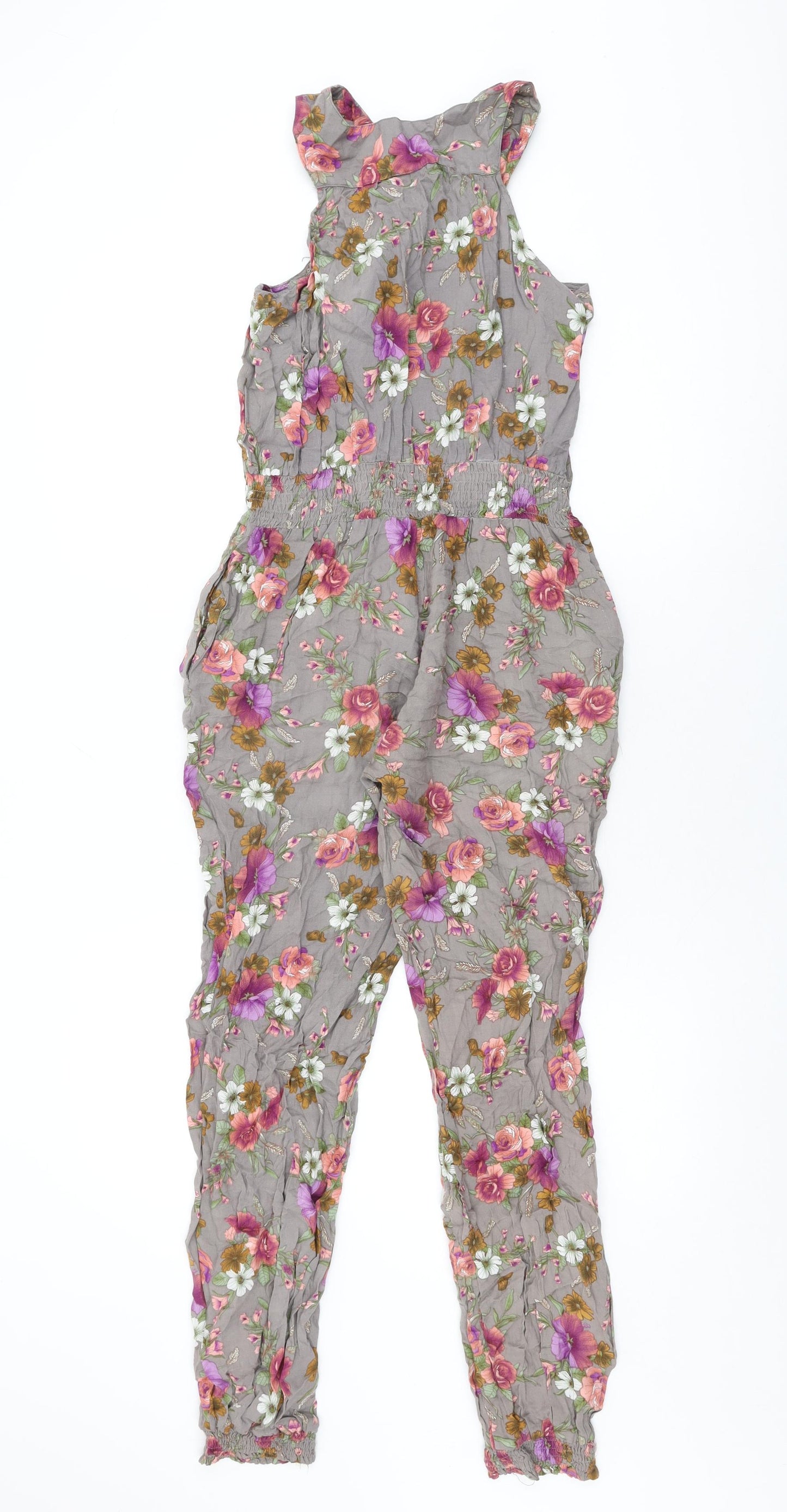 QED London Womens Grey Floral Viscose Jumpsuit One-Piece Size 12 L28 in Zip