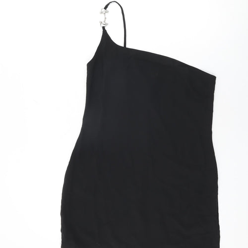 PRETTYLITTLETHING Womens Black Polyester Shift Size 12 One Shoulder Zip