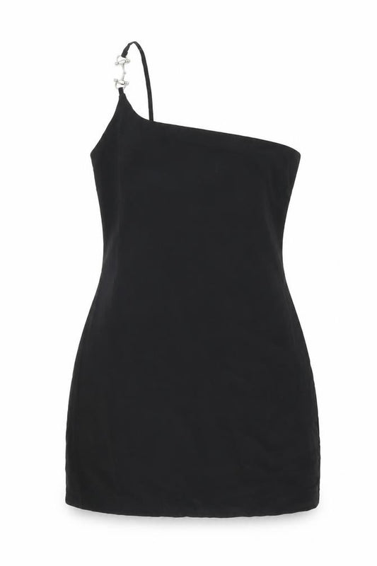 Front view of PRETTYLITTLETHING women’s black polyester shift, size UK 12, one shoulder zip