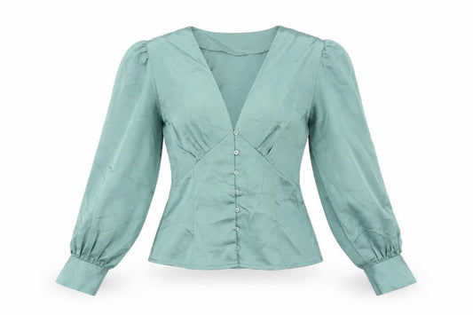 Front view of Vera & Lucy women’s green polyester basic button-up, size S, v-neck