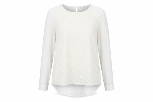 Front view of Fenn Wright Manson women’s white geometric polyester basic blouse, size UK 12, round neck