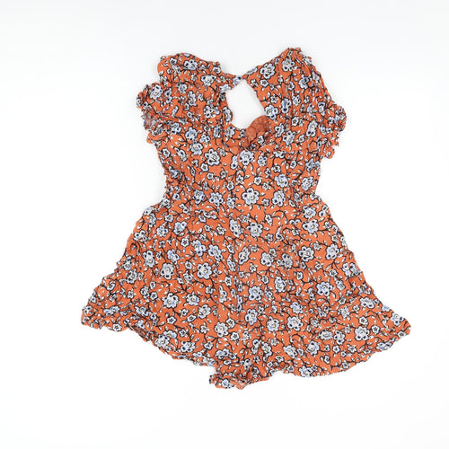 New Look Womens Orange Floral Viscose Playsuit One-Piece Size 14 Zip