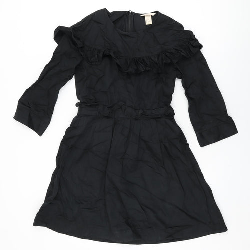 H&M Womens Black Cotton Skater Dress Size 8 Round Neck Zip - Frill Detail