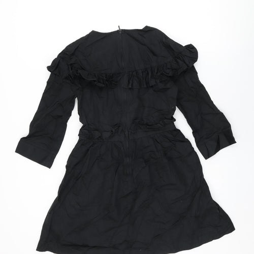 H&M Womens Black Cotton Skater Dress Size 8 Round Neck Zip - Frill Detail