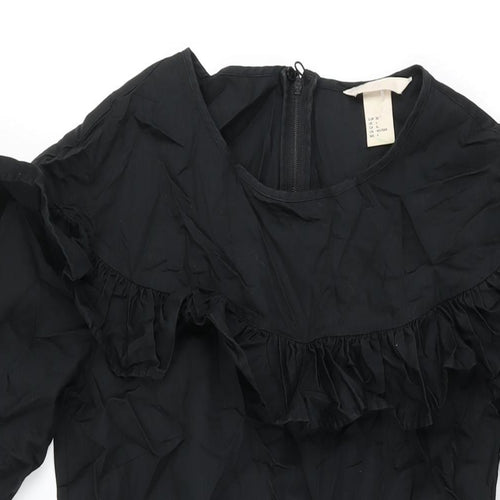 H&M Womens Black Cotton Skater Dress Size 8 Round Neck Zip - Frill Detail