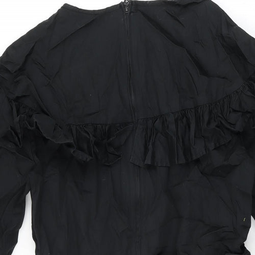H&M Womens Black Cotton Skater Dress Size 8 Round Neck Zip - Frill Detail