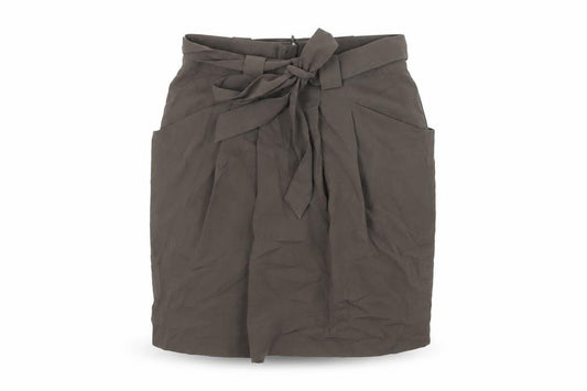 Front view of Marks & Spencer women’s green polyester mini skirt, size UK 8, zip - belted