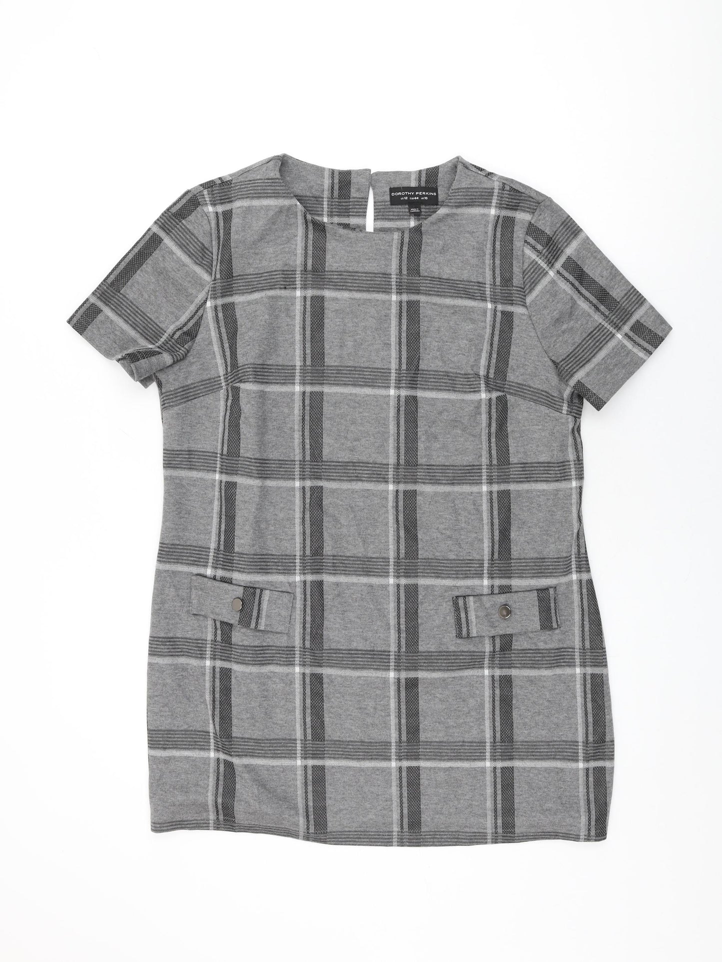 Dorothy Perkins Womens Grey Plaid Polyester Shift Size 16 Round Neck Button