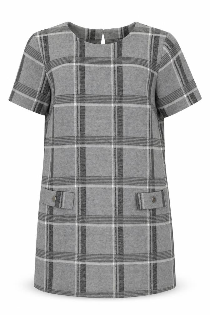 Front view of Dorothy Perkins women’s grey plaid polyester shift, size UK 16, round neck button