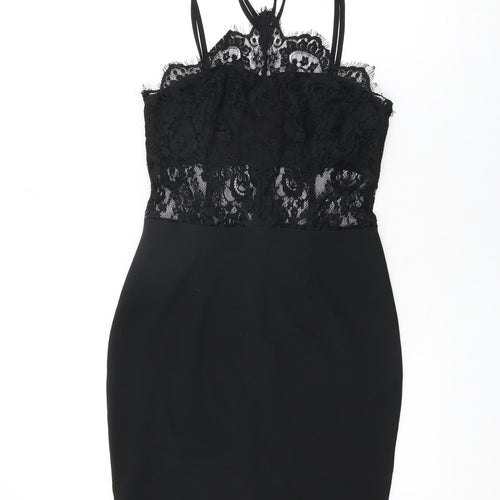 Boohoo Womens Black Floral Polyester Bodycon Size 10 Halter Zip