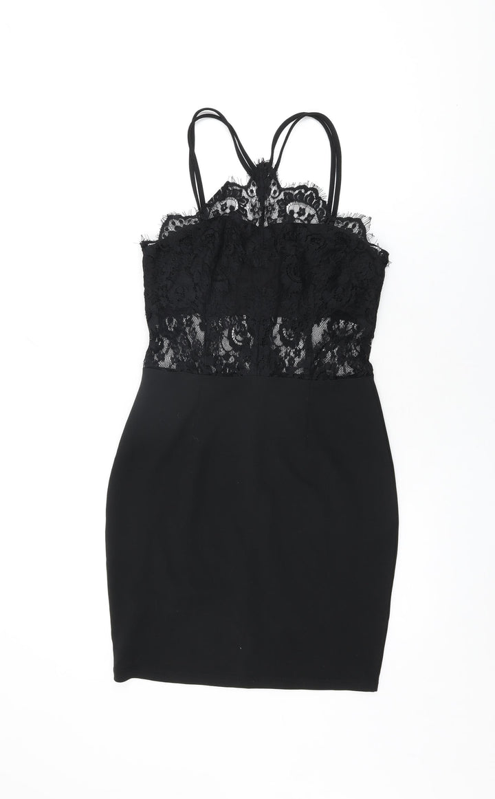 Boohoo Womens Black Floral Polyester Bodycon Size 10 Halter Zip