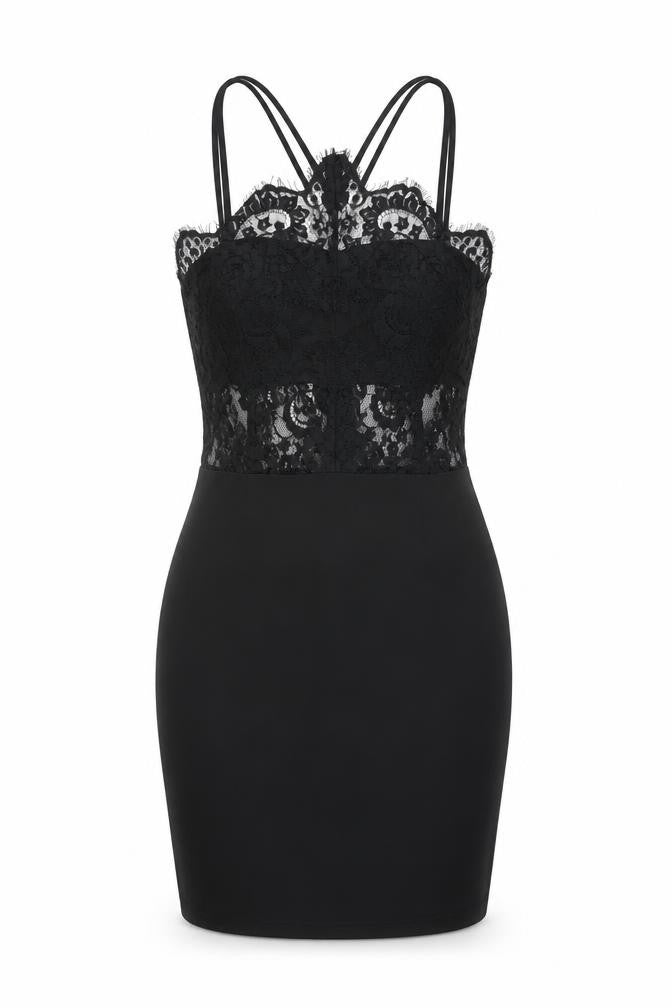 Front view of Boohoo women’s black floral polyester bodycon, size UK 10, halter zip