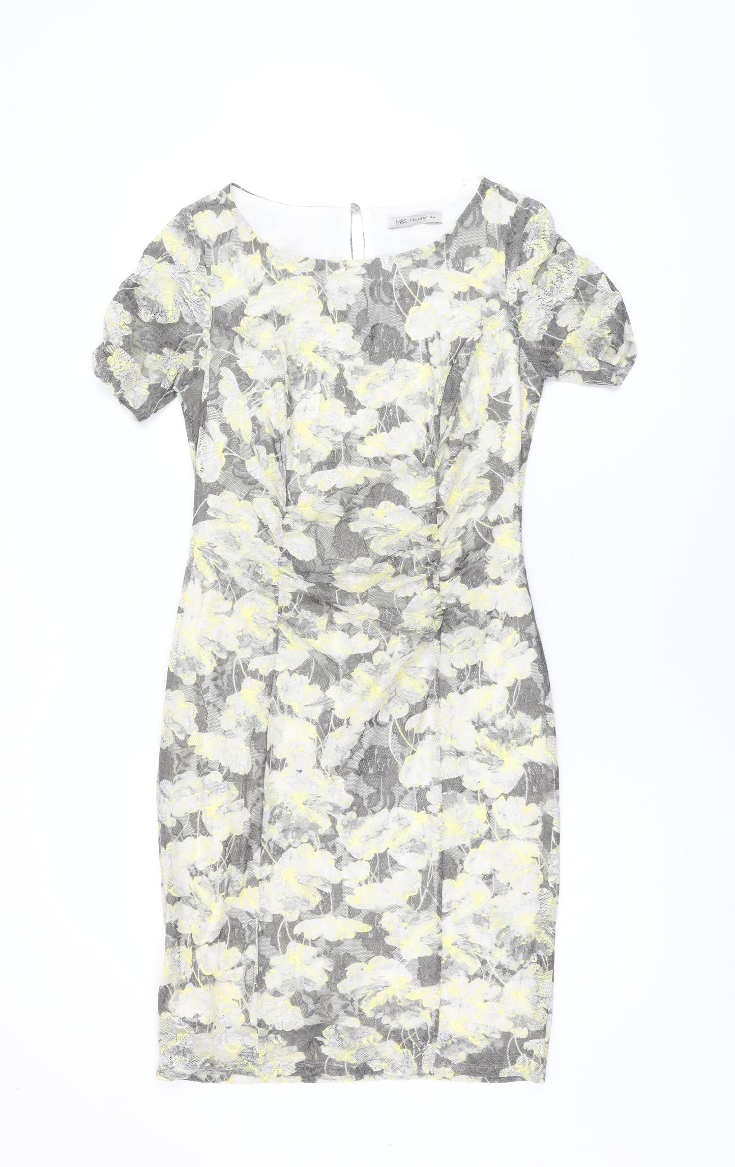 Marks and Spencer Womens Grey Floral Polyester Bodycon Size 12 Round Neck Button