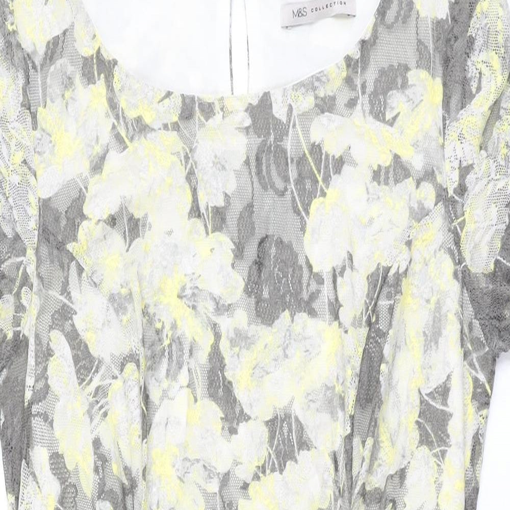 Marks and Spencer Womens Grey Floral Polyester Bodycon Size 12 Round Neck Button