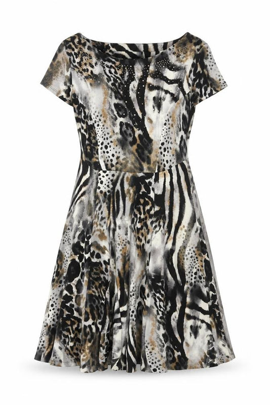 Front view of M&Co women’s multicoloured animal print polyester a-line, size UK 10, round neck pullover