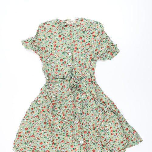 Difference Womens Green Floral Polyester Skater Dress Size 8 V-Neck Button